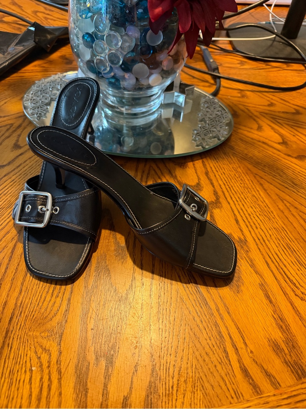 Coach Black Leather Buckle Mule Sandals